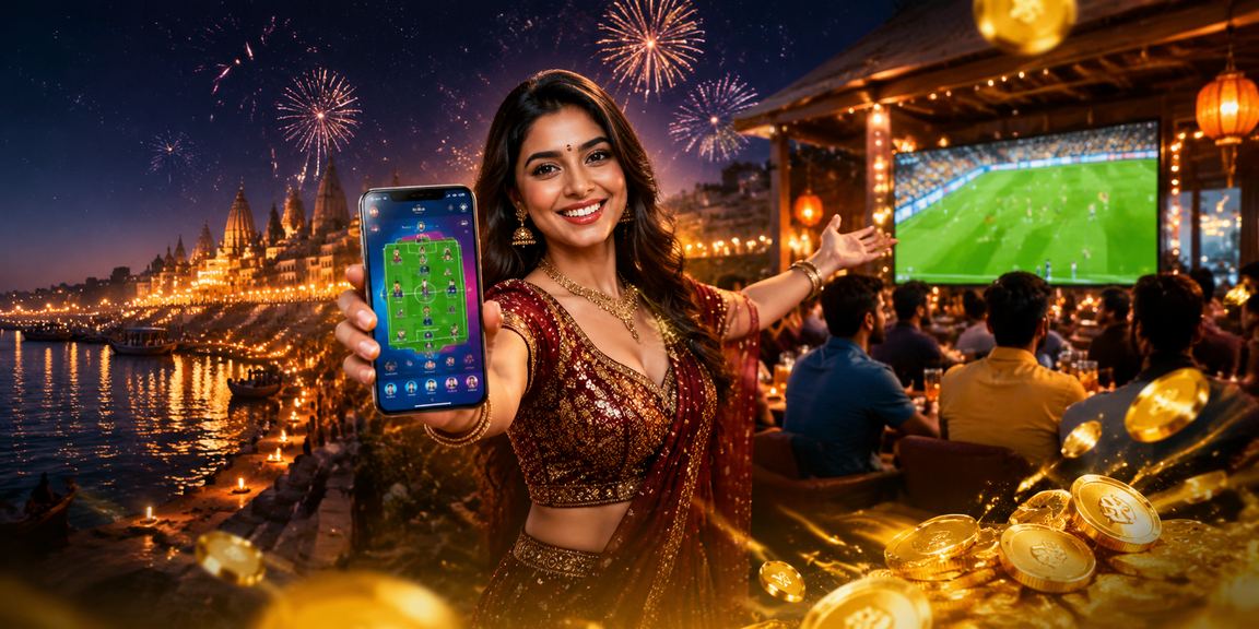 Happy Indian player registering on mobile at the Ganges river